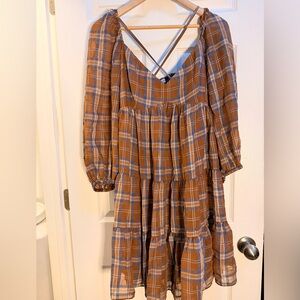 Gianni Bini Brown and Blue Plaid Tiered Long-Sleeve Dress
